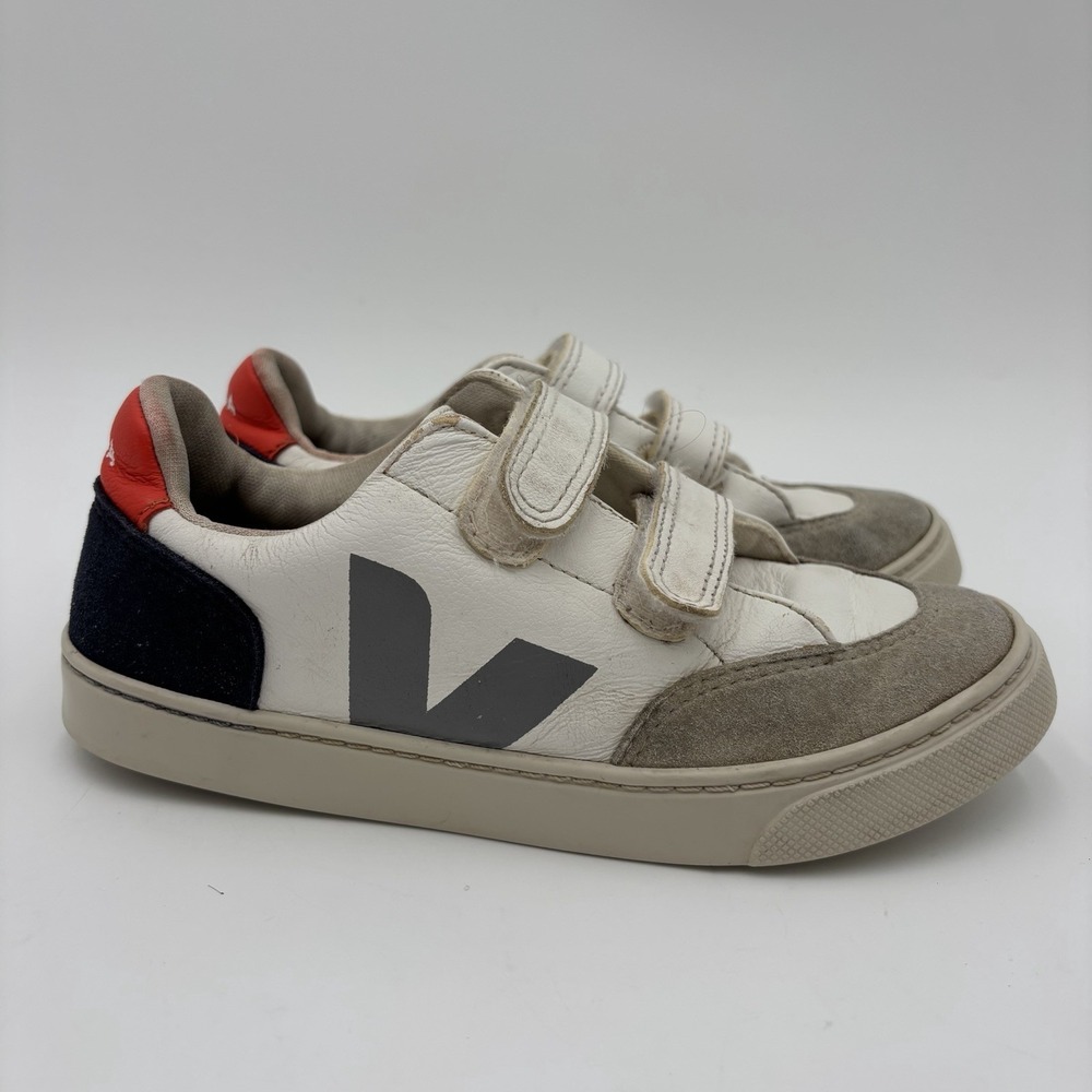 Veja V-12 Strap Sneakers Kids Size 4 White Blue Orange Hook Loop School